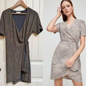 Babaton Wallace Orange & Grey Snakeskin Print Short Sleeve Wrap Dress. Size S